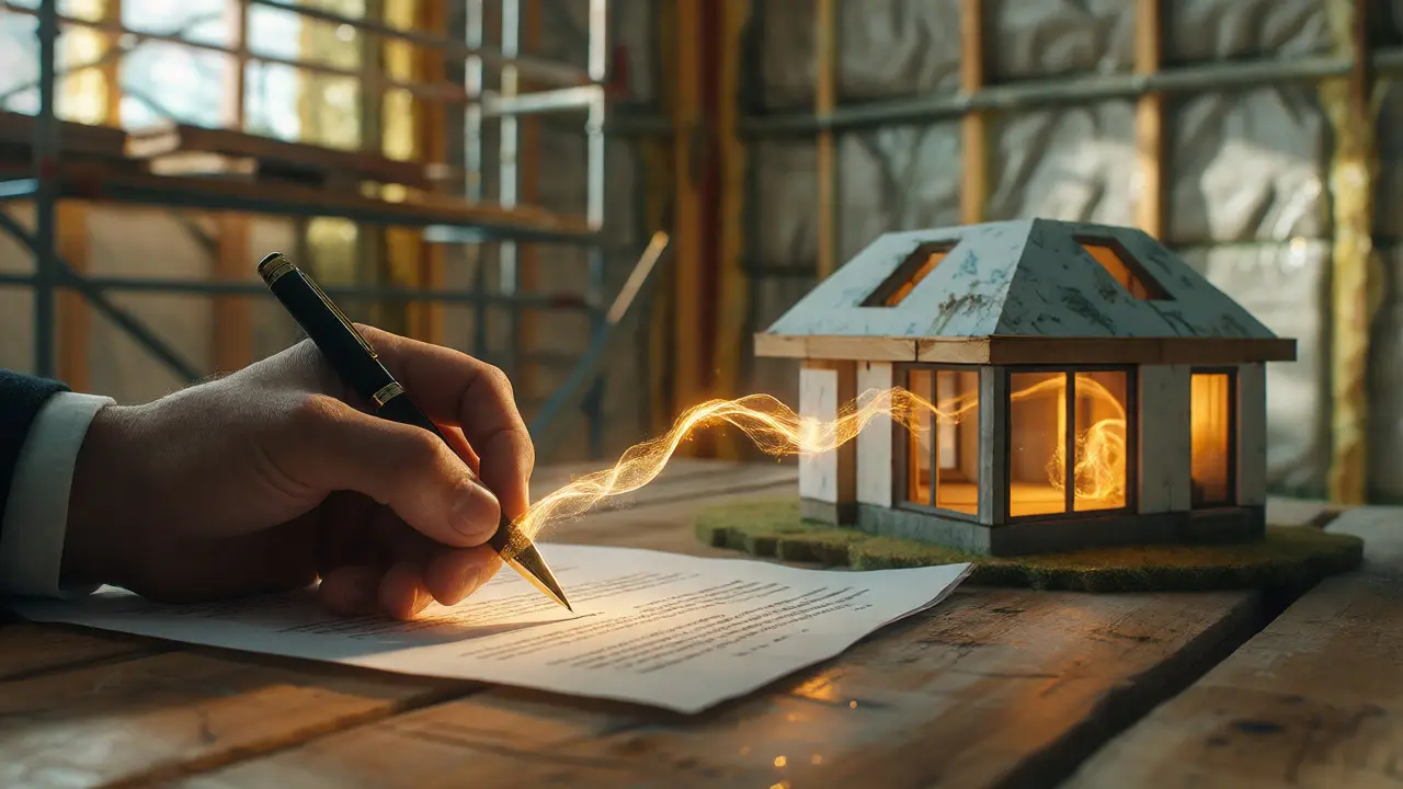 Hand unterschreibt Vertrag mit Lichtstrom zu einem Modellhaus