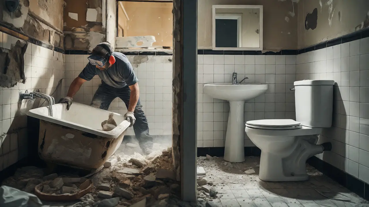 Handwerker demontiert Badewanne, während Toilette und Waschbecken nutzbar bleiben