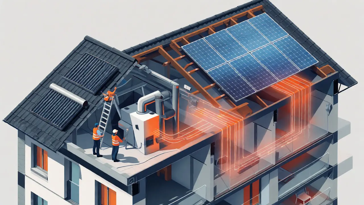 Isometrische Ansicht eines Gebäudes mit Solaranlagen und Energiefluss