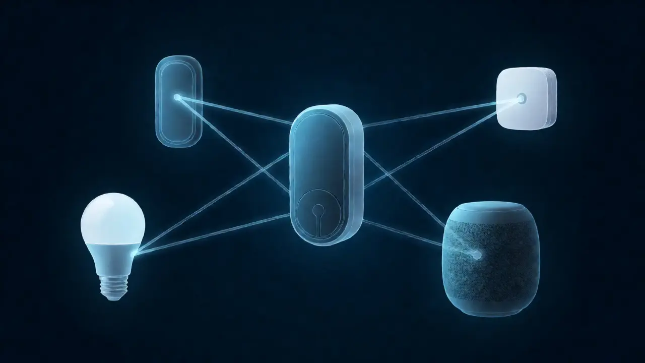Konzeptdarstellung des Matter-Standards mit vernetzten Smart-Home-Geräten im Netzwerk