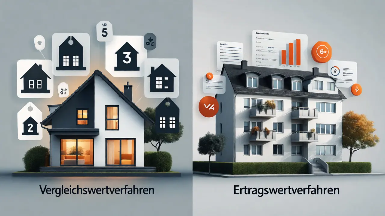 Konzeptgrafik: Vergleich von Einfamilienhaus und Mehrfamilienhaus bei der Bewertung.