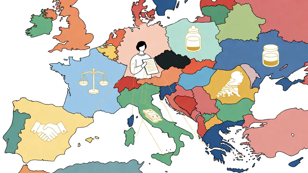 Konzeptuelle Karte Europas mit Symbolen für Immobilienrechte