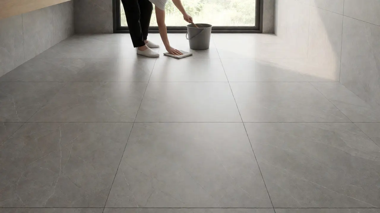 Modernes Badezimmer mit großformatigem Feinsteinzeugboden und dünner Fuge für leichte Pflege.