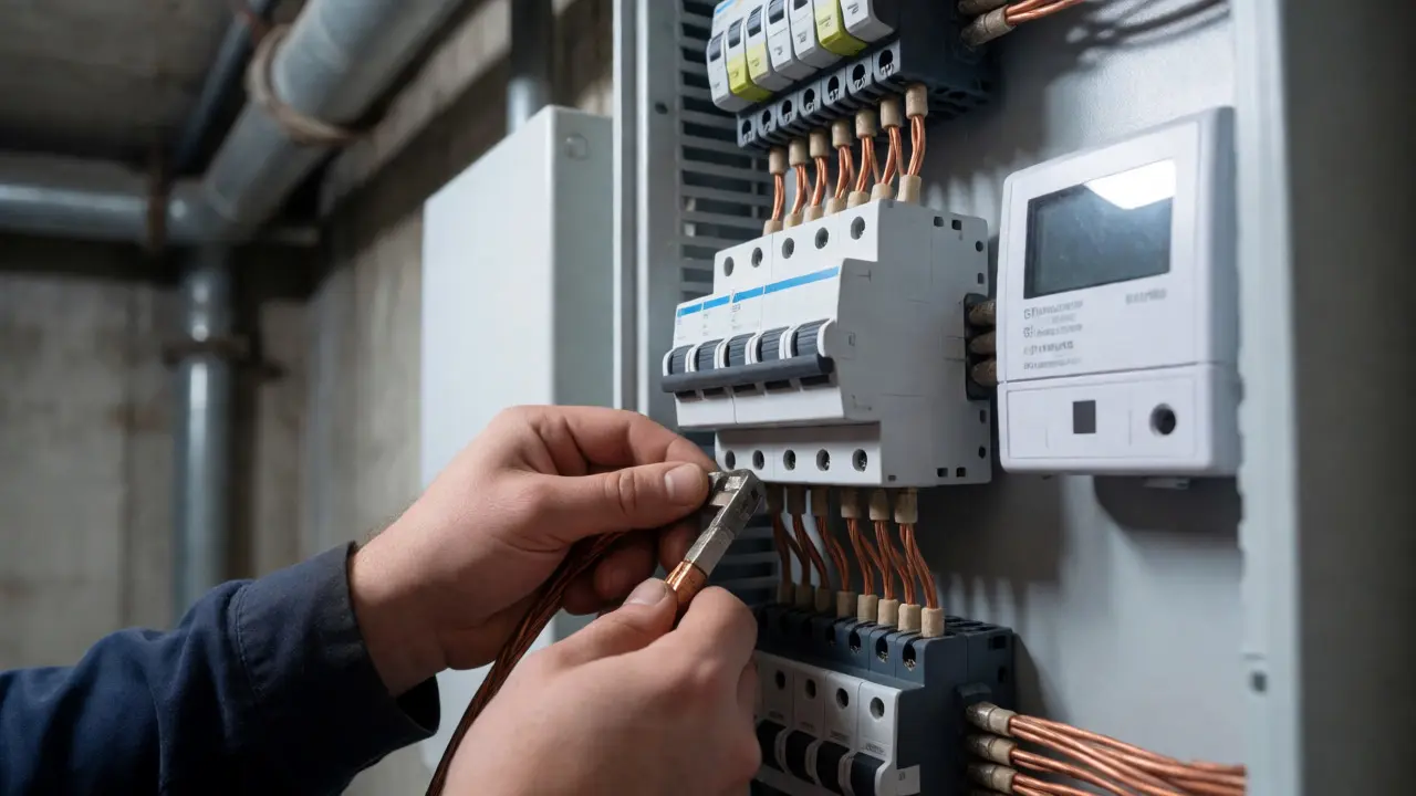 Nahaufnahme eines Elektrikers bei der Verkabelung eines Zählerschranks