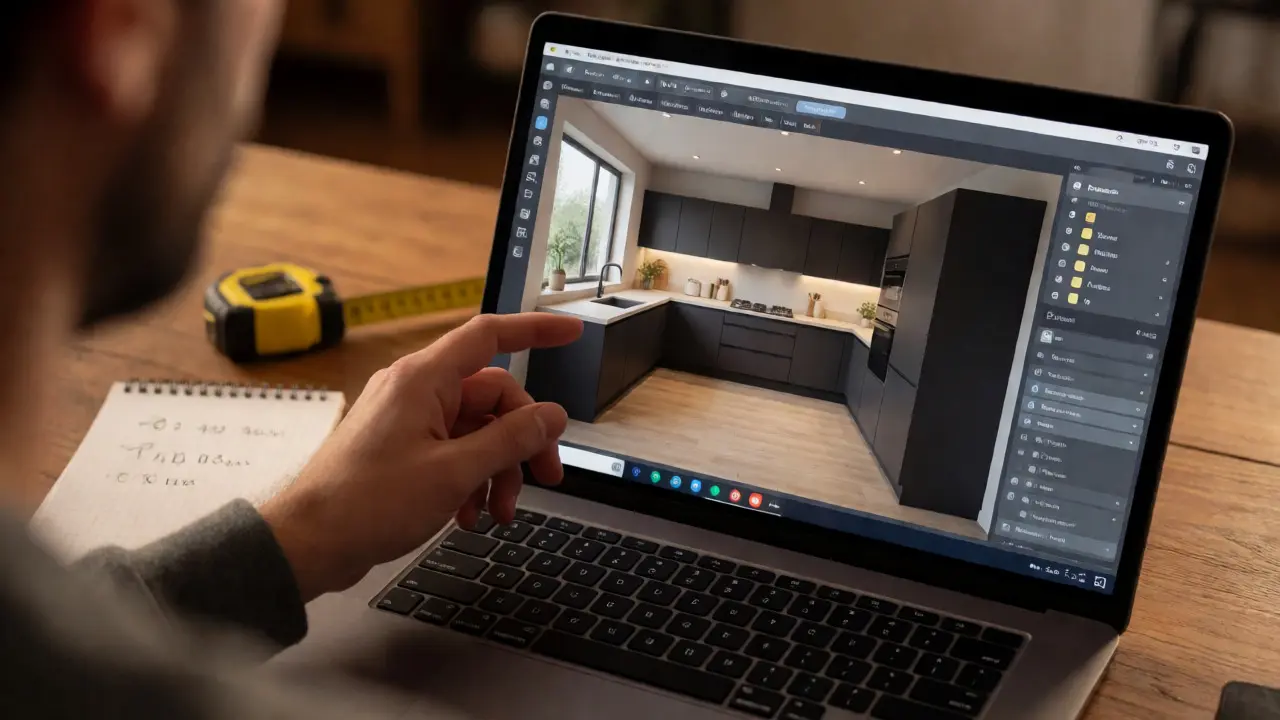 Nahaufnahme von Küchendesign-Software auf Laptop neben Maßband