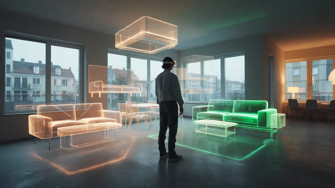 Nutzer testet KI-generierte Möbelvorschläge per VR im leeren Raum