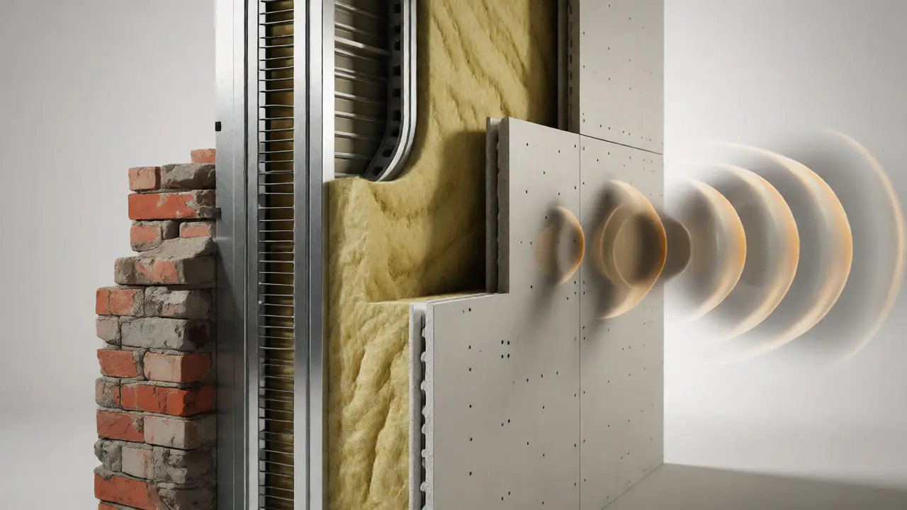 Querschnitt einer Wand mit Mineralwolle-Dämmung und Metallständerwerk zur Schalldämmung.
