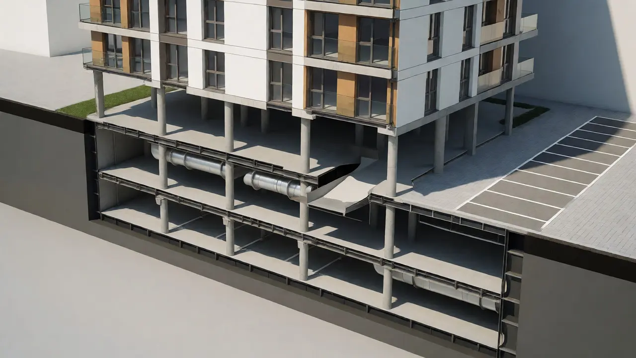 Querschnitt eines Gebäudes mit Tiefgarage und oberirdischen Parkplätzen.