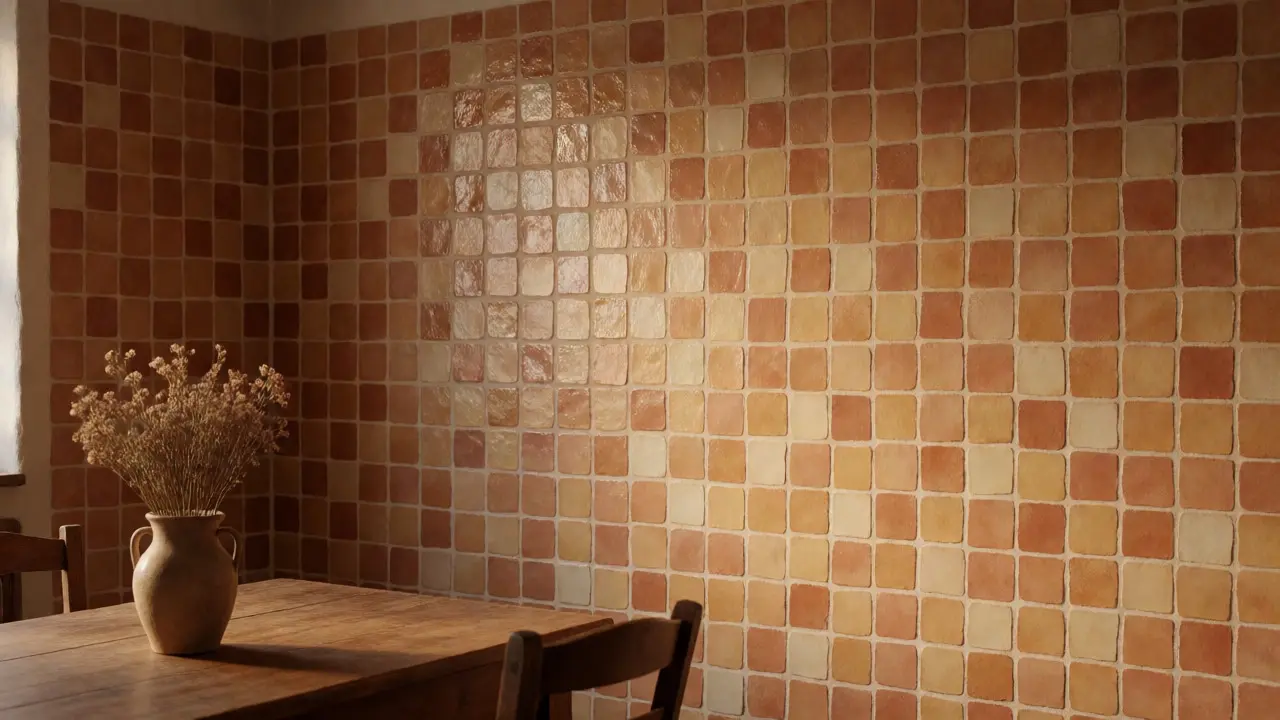 Rustikales Wohnzimmer mit dekorativen kleinen Keramikfliesen an der Wand im Landhausstil.