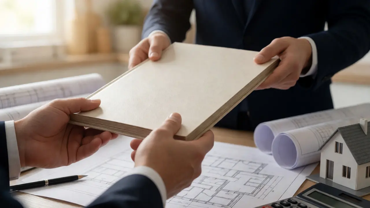 Übergabe eines professionellen Immobilienwertgutachtens im Bürokontext.