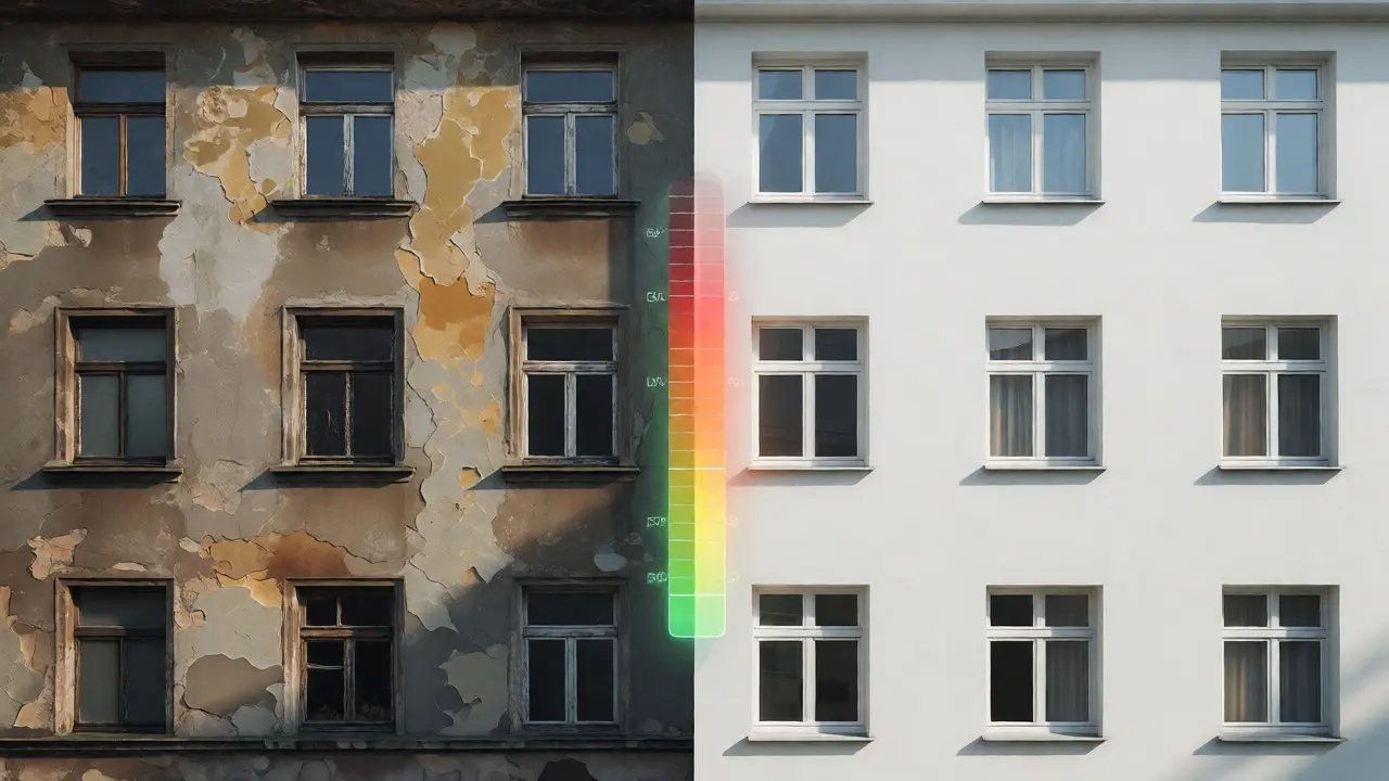 Vergleich einer unsanierten und renovierten Hausfassade