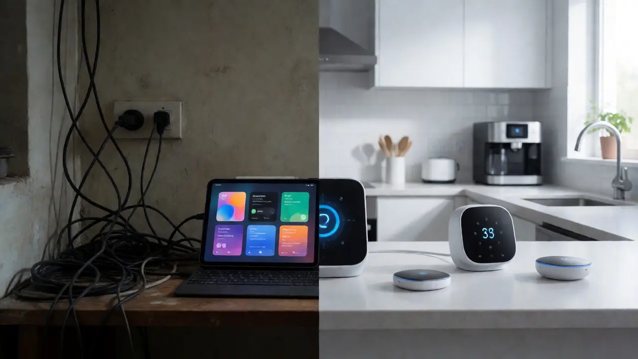 Vergleich zwischen veralteter Kabelverlegung und moderner lokaler Smart-Home-Steuerung