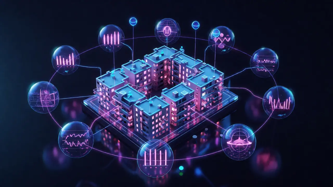 3D-Visualisierung eines Wohnblocks umgeben von schwebenden Datenkugeln für Predictive Analytics.