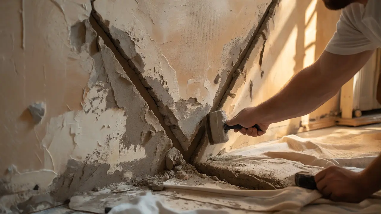 Arbeiter füllt einen Riss in der Wand mit Renoviermörtel aus