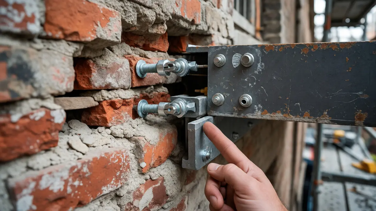 Detailaufnahme der Befestigung eines Balkons an altem Mauerwerk