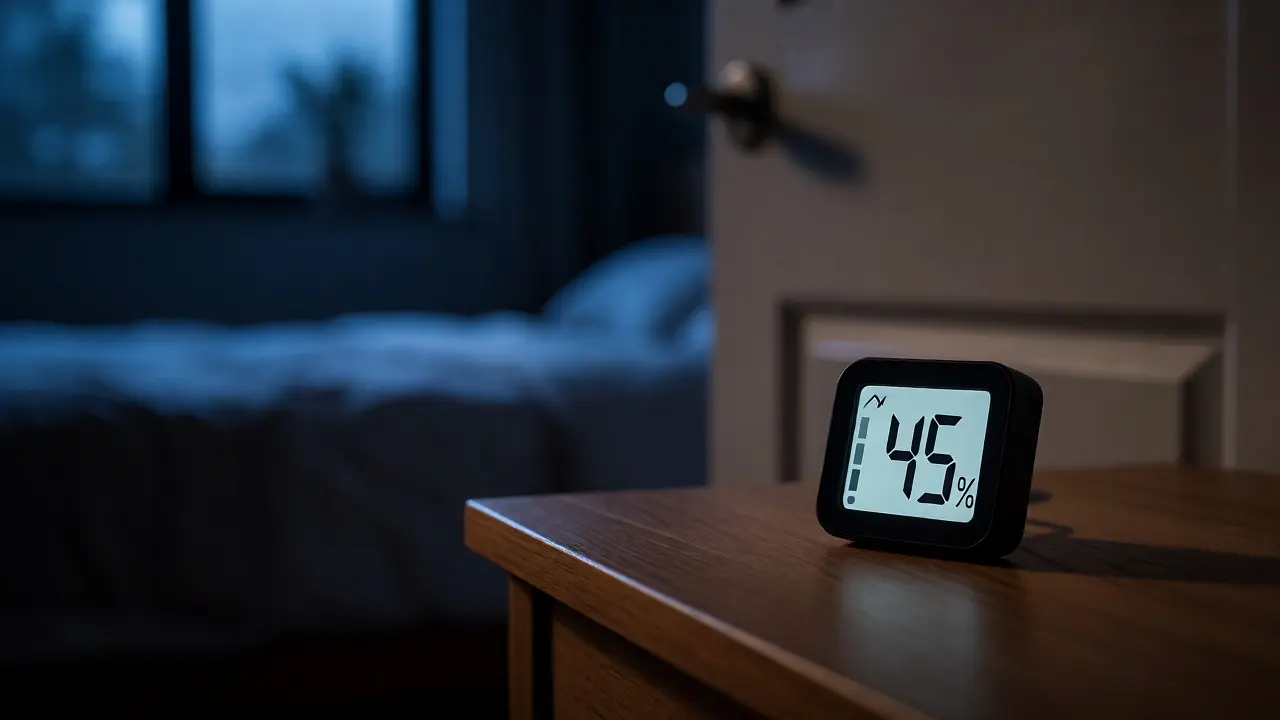 Digitales Hygrometer auf dem Nachttisch zeigt Luftfeuchtigkeit an