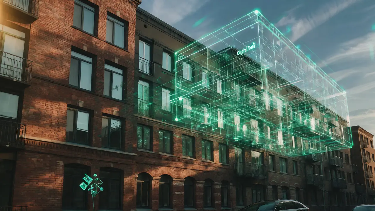 Digitales Zwilling-Modell eines Wohnkomplexes neben dem physischen Gebäude mit leuchtenden KI- und Blockchain-Elementen.