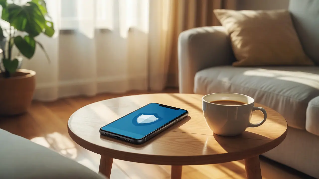 Ein Smartphone mit Sicherheits-Symbol auf einem Tisch in einem ruhigen Wohnzimmer.