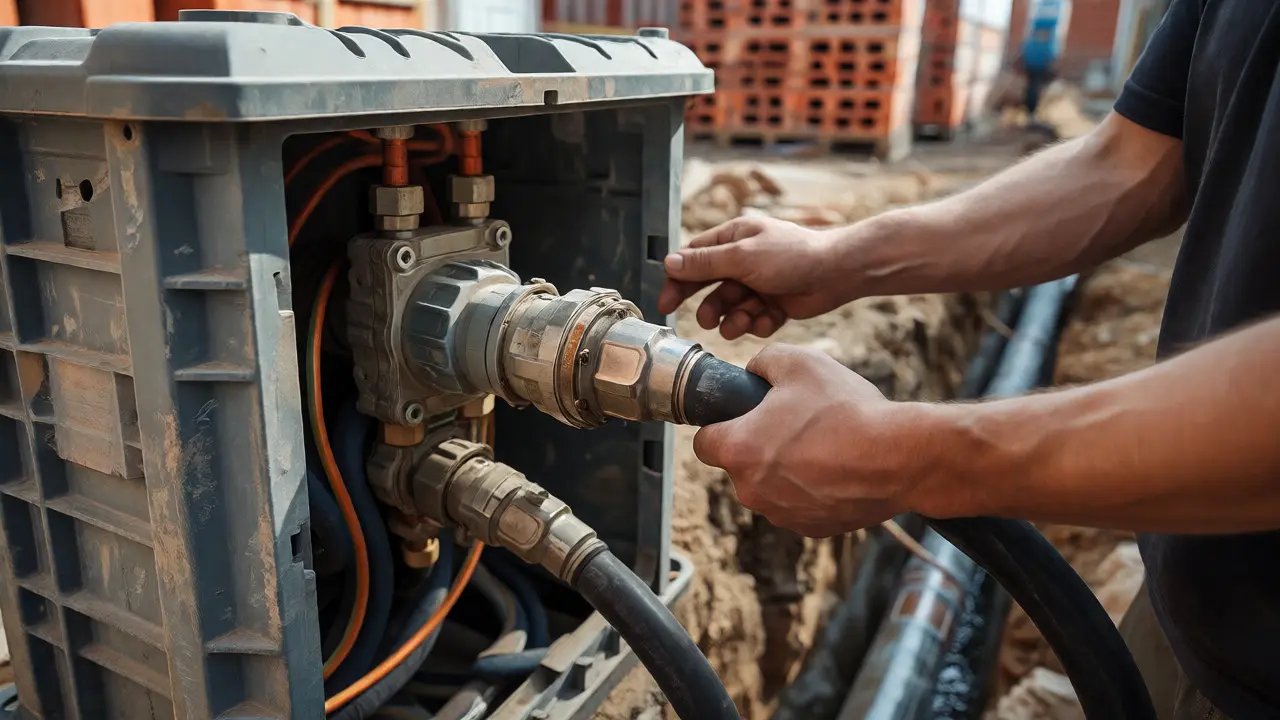 Elektriker schließt Kabel an temporären Baustromverteiler an