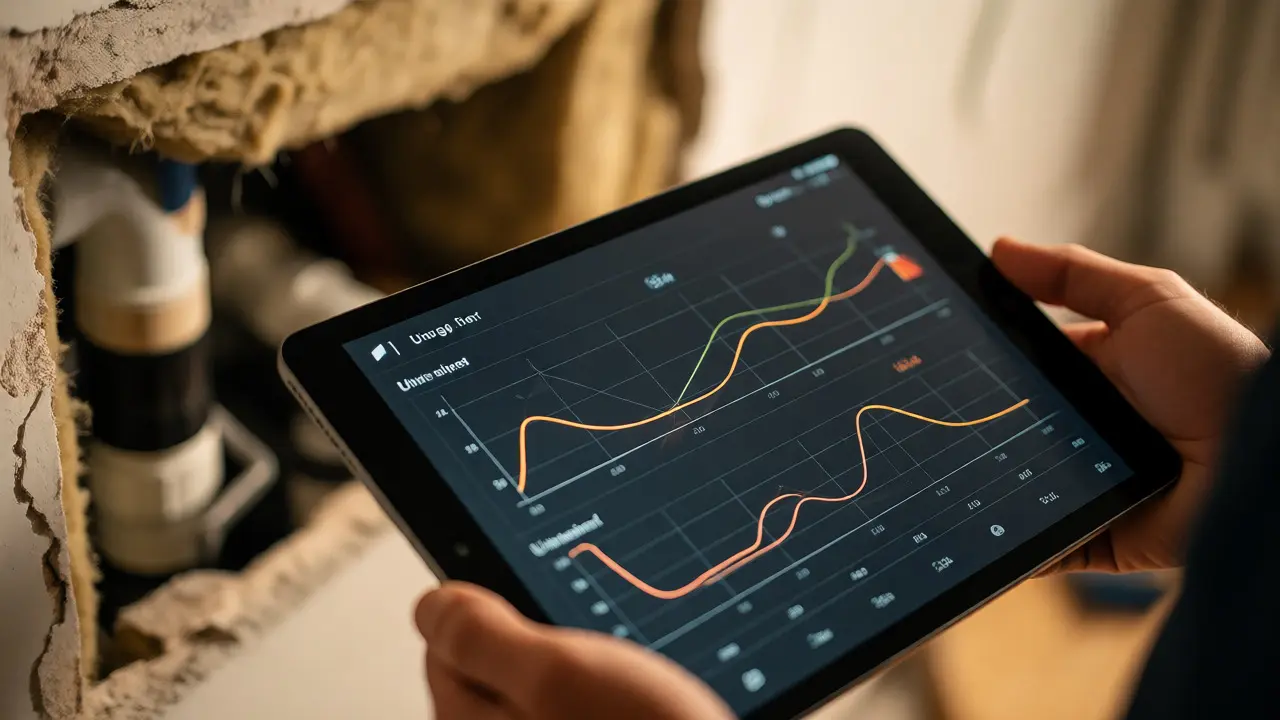 Energieberater prüft digitale Daten auf Tablet vor Hintergrund renovierter Heizung