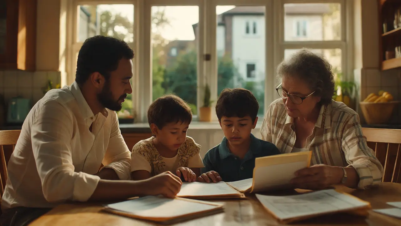 Familie prüft Finanzunterlagen am Küchentisch mit Blick ins Grüne