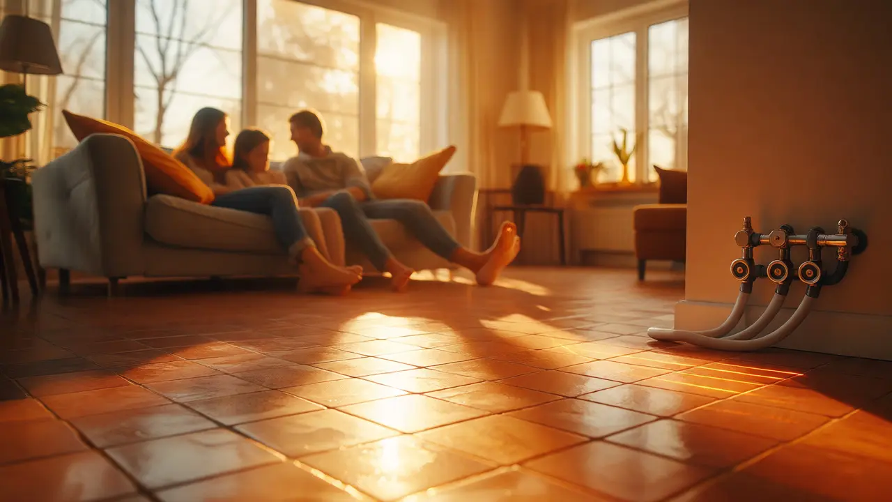 Gemütliches Wohnzimmer mit warmer Fußbodenheizung und einfallendem Sonnenlicht.