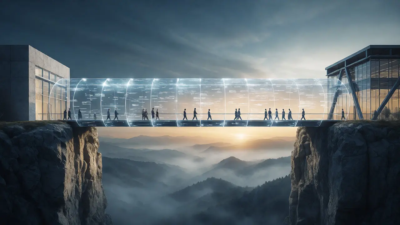 Konzeptionelle Brücke aus digitalen Elementen verbindet Verkäufer und Käufer, symbolisiert durch Due Diligence Vertrauen aufbauen.