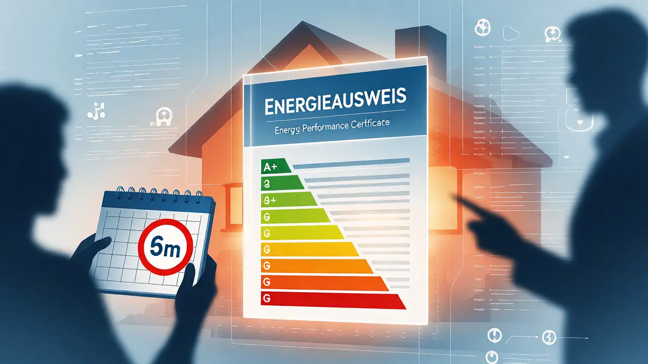 Konzeptionelle Darstellung des Energieausweises mit Fristen und Effizienzklassen-Skala
