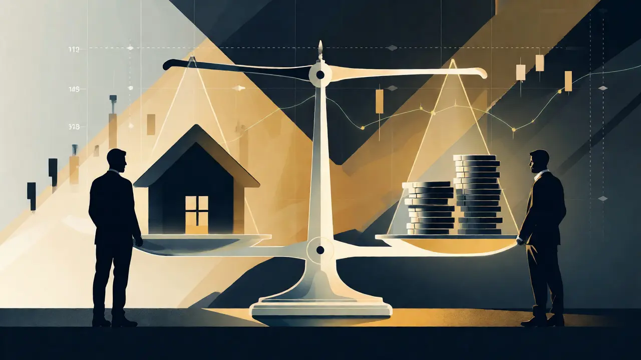Konzeptuelle Waage zwischen Haus und Geld für Pflichtteilsstreit