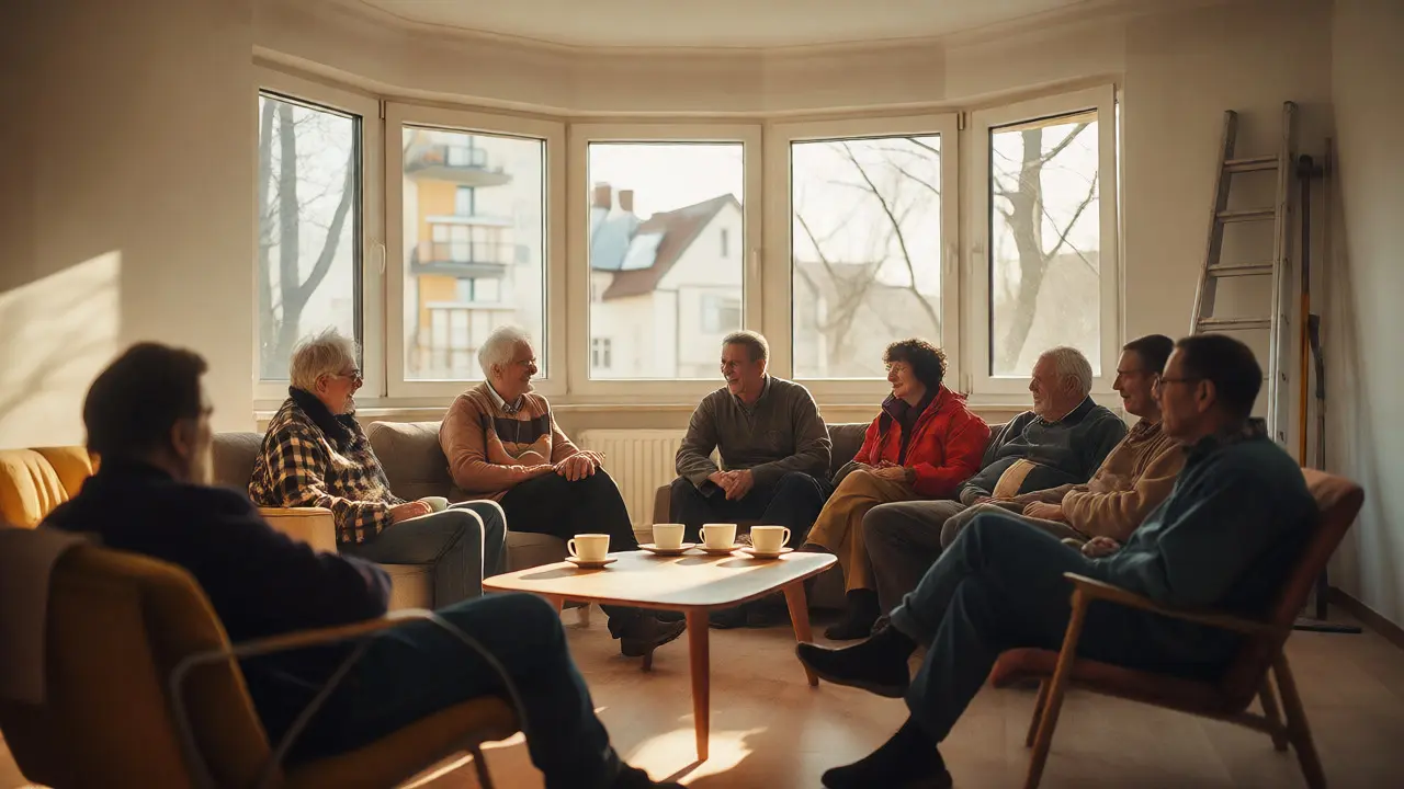 Nachbarn und Projektmanager entspannt im renovierten Wohnzimmer bei einem Gespräch