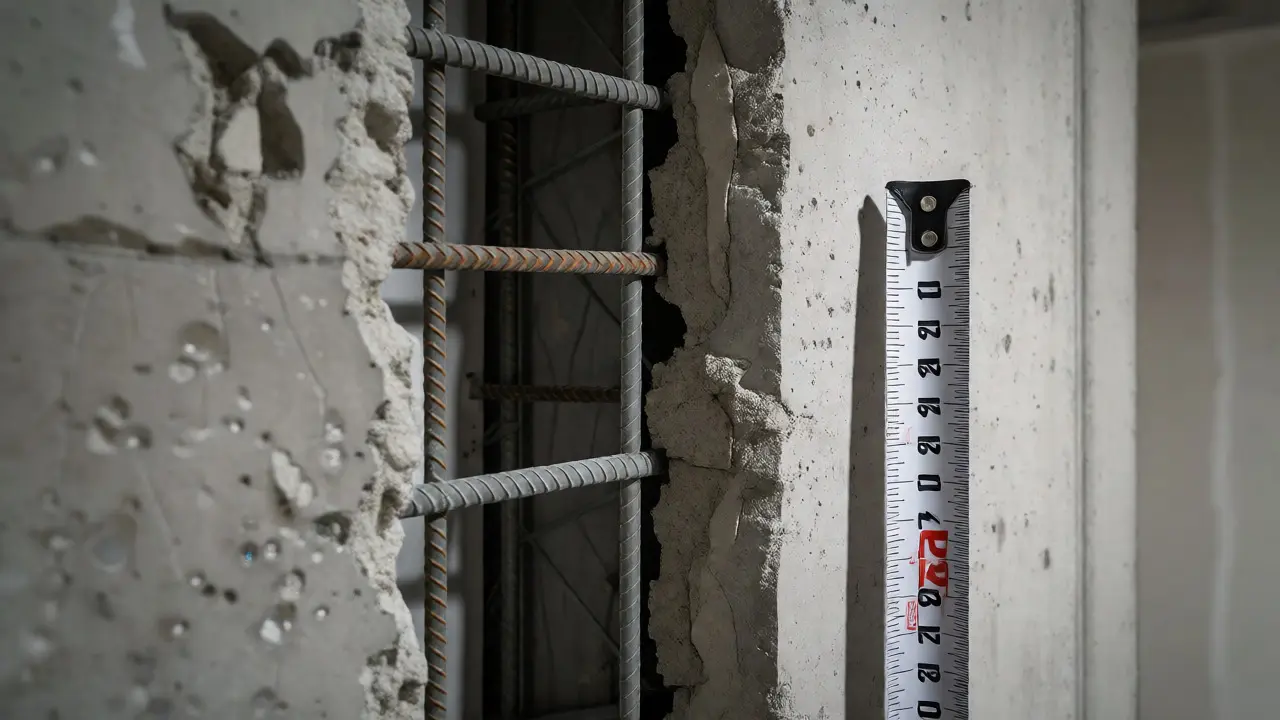 Nahaufnahme einer Betonwand mit Fensteröffnung und Maßband