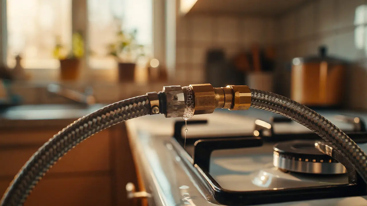 Nahaufnahme einer Gasanschlussverbindung mit Lecksuchspray