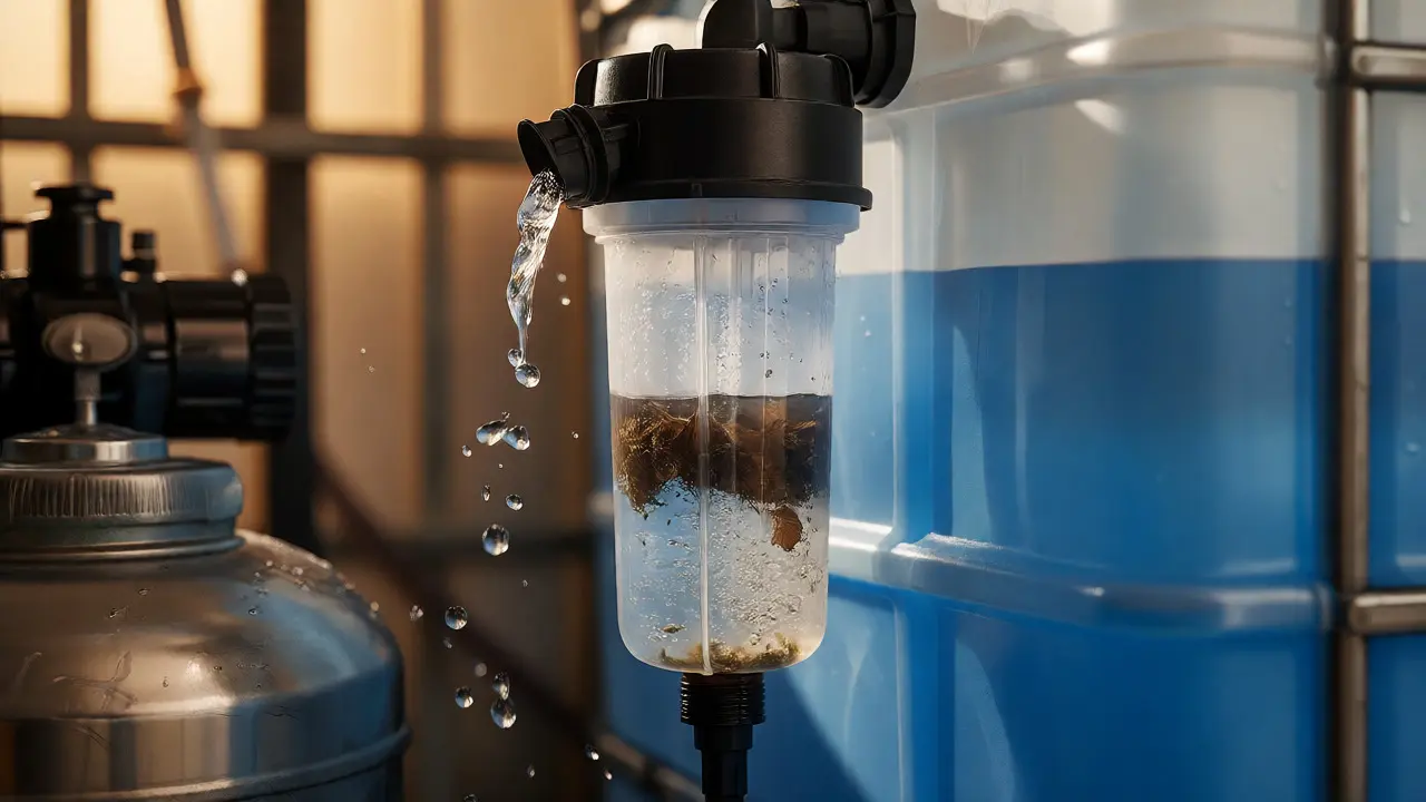 Nahaufnahme einer Regenwasserfilteranlage neben einem unterirdischen Speichertank.