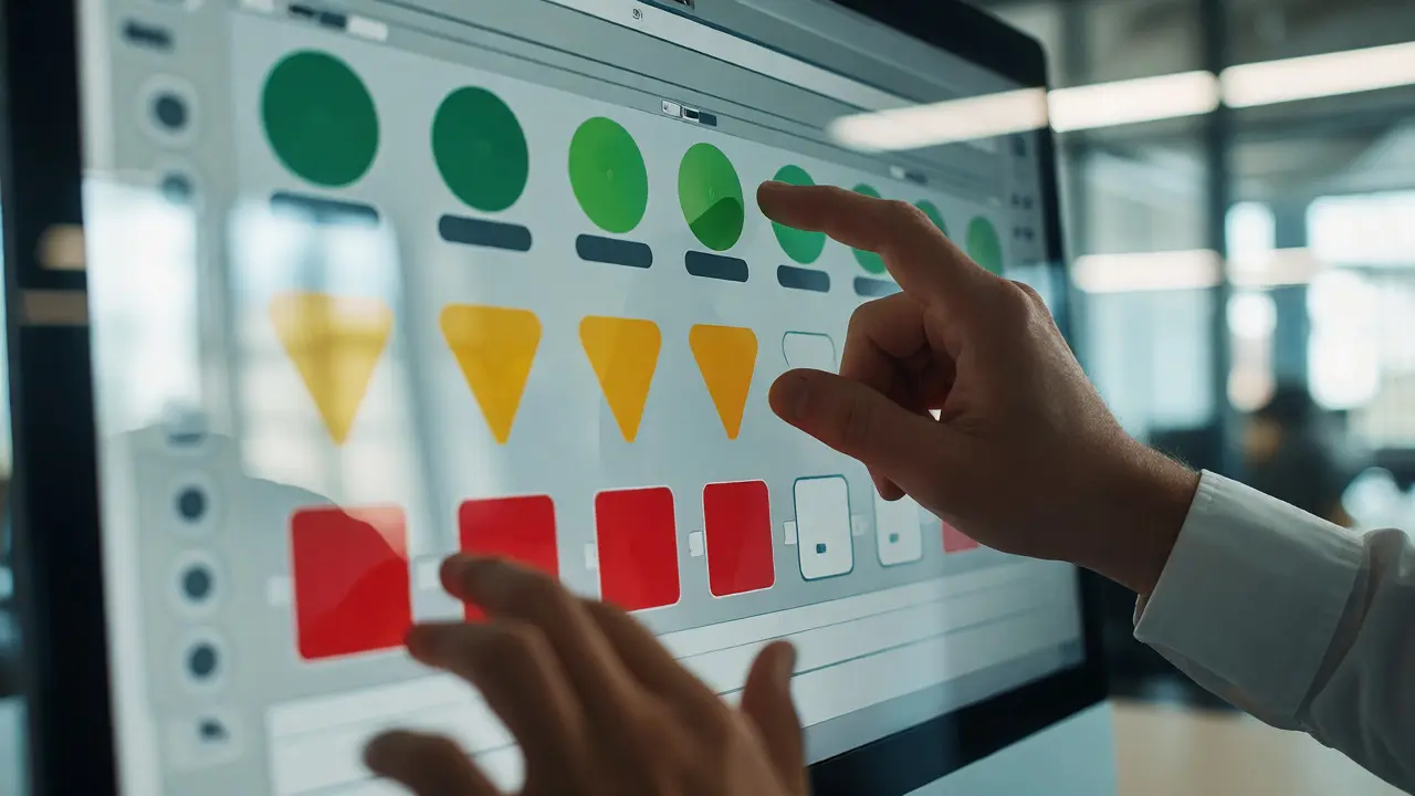 Nahaufnahme eines Dashboards mit Ampelsystem zur Risikobewertung im Immobilienmanagement.