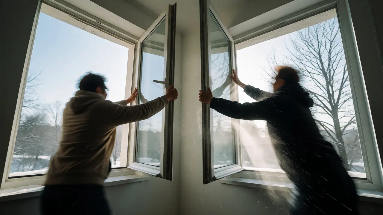 Person öffnet gegenüberliegende Fenster zum Stoßlüften