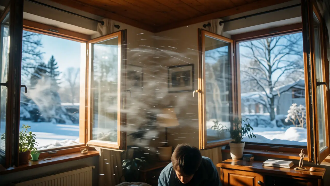 Querlüftung durch geöffnete Fenster in einem gemütlichen Wohnzimmer