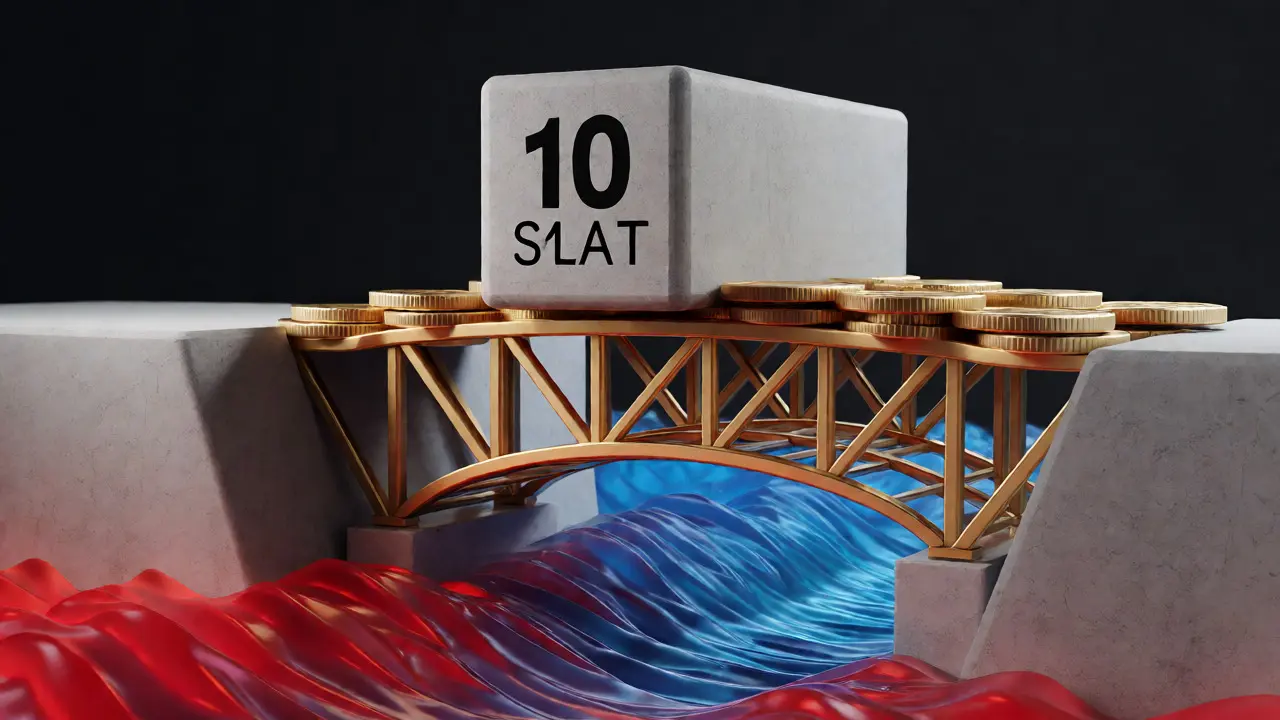 Symbolische Darstellung von Stabilität: Eine goldene Brücke aus Münzen trägt ein Gebäude über einem ruhigen Cashflow-Strom.