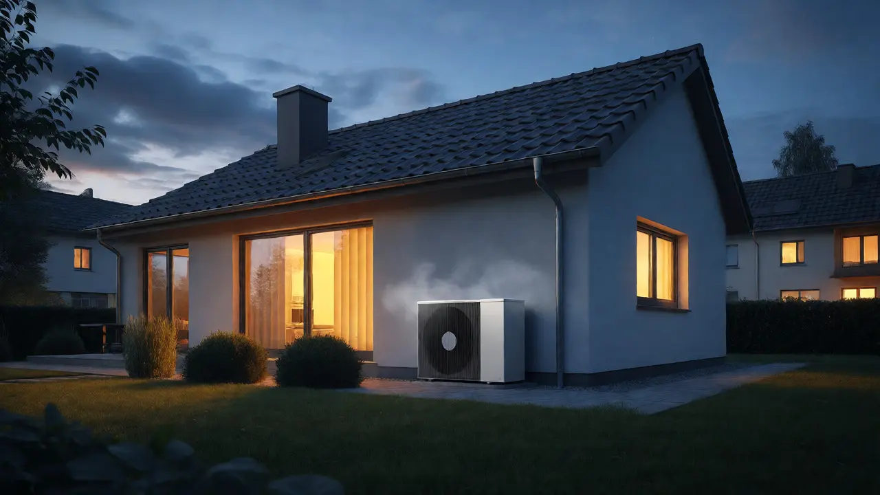 Wärmepumpe an der Hausfassade am Abend